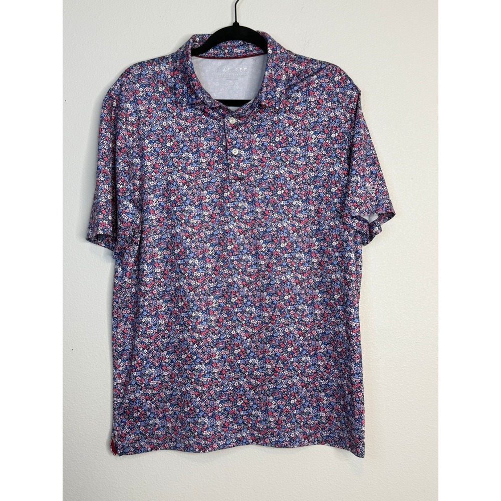 Maelreg Men's Performance Polo Shirt Floral Print Blue Pink Short Sleeve Size M
